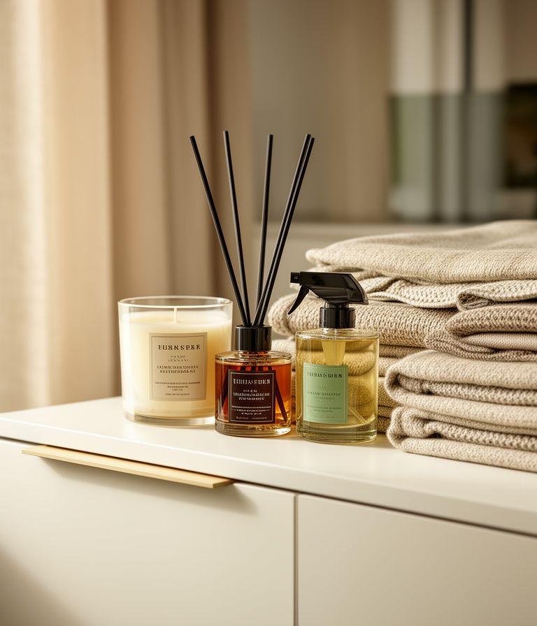 Luxuriöse Duftkerzen, Diffuser und ein Raumspray auf einem hellen Sideboard neben gefalteten Textilien in einem Zürcher Wohnzimmer