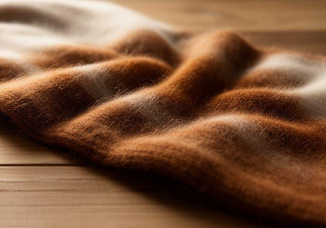 Weicher Kaschmirstrick auf einem natürlichen Holztisch mit warmen Schatten