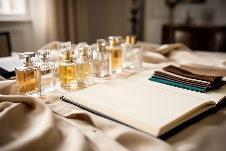 Elegant gedeckter Beratungstisch mit Duftflakons, Stoffmustern und Notizbuch in einem hellen Zürcher Studio