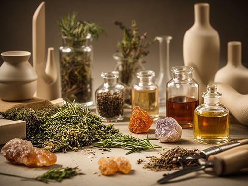 Natürliche Rohstoffe für Parfums mit Kräutern, Harzen und Glasgefässen auf einem edlen Werkstatttisch