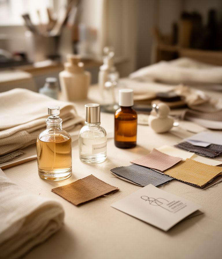 Redaktioneller Dufttisch mit Flakons, Stoffmustern und Notizkarten in einem hellen Atelier in Zürich