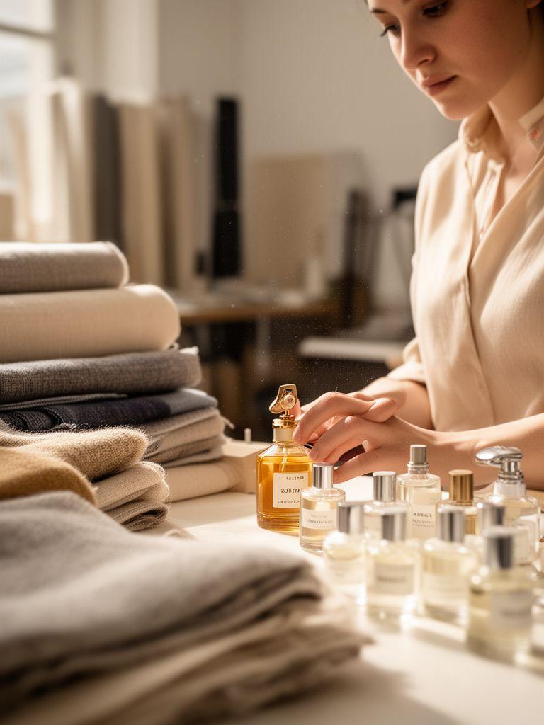 Parfumeurin im Zürcher Atelier neben Stoffrollen, Glasflakons und Duftproben auf einem hellen Arbeitstisch